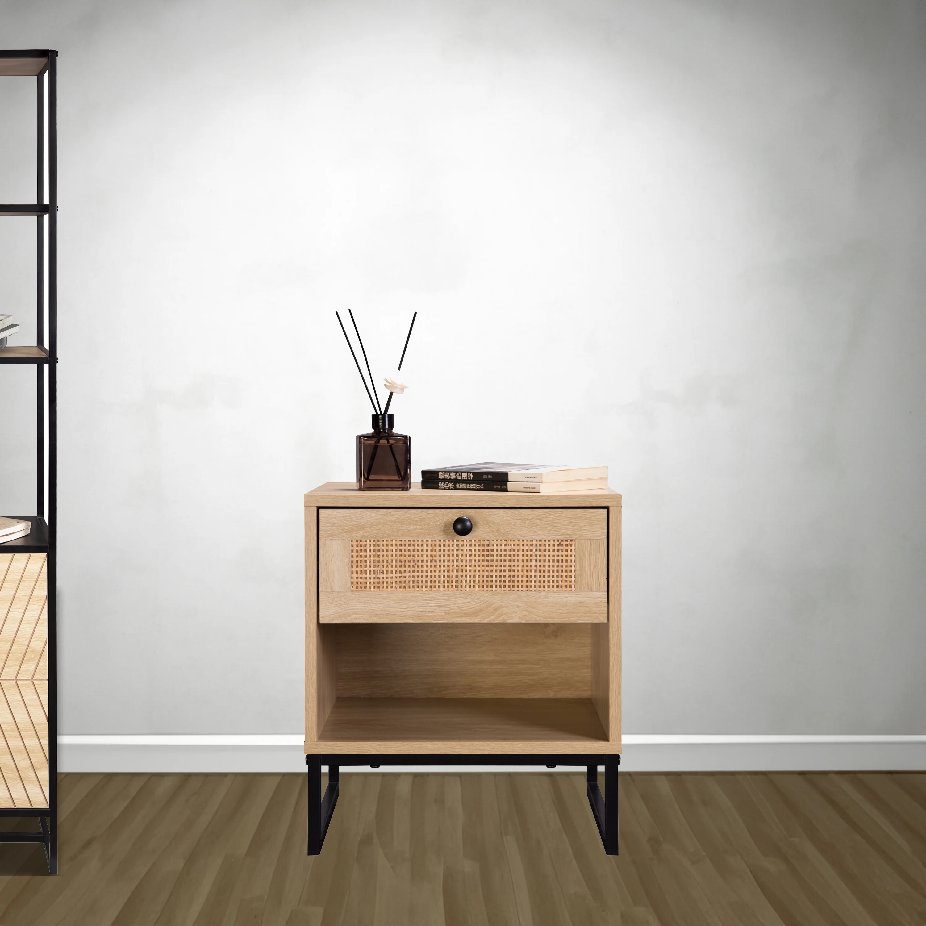 Birch Coastal Modern Side Table with Drawer Natural Wood Top with Black Metal Legs