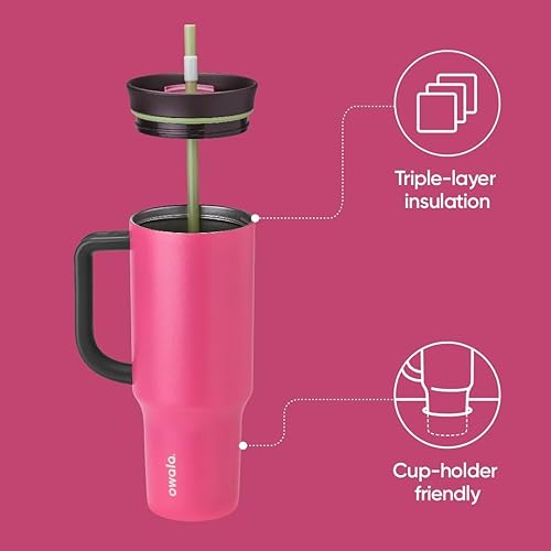 Owala Stainless Steel Triple Layer Insulated Travel Tumbler with Spill Resistant Lid, Straw, and Carry Handle, BPA Free, 40 oz, Dusty Pink (Yoga Rose)
