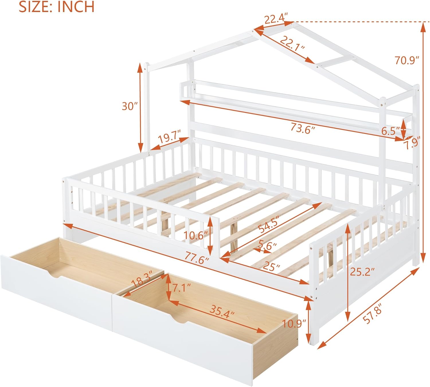 Wooden Full Size House Bed Frame with 2 Drawers and Storage Shelf, Platform Full Beds with Roof and Safety Gurduarls, for Kids, Boys, Girls, No Spring Box Needed, Easy Assemble