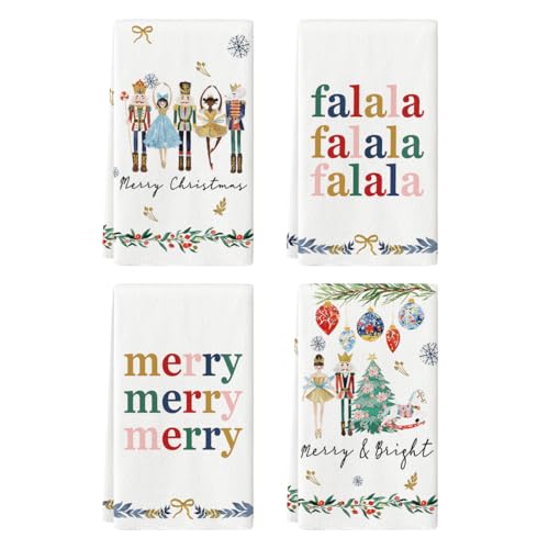 Artoid Mode Nutcrackers Merry Christmas Kitchen Towels Dish Towels, 18x26 Inch Xmas Balls Tree Winter Holiday Decoration Hand Towels Set of 4