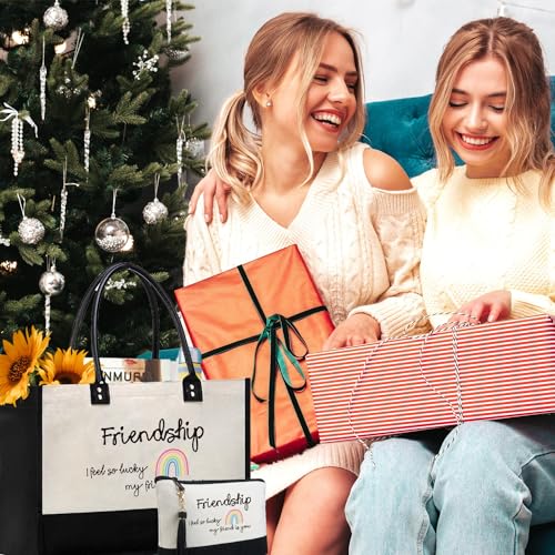 BeeGreen Mother's Day Gifts Personalized Women's Large White and Black Canvas Tote Bag, Embroidered Initials, Leather Handle, Zipper Closure