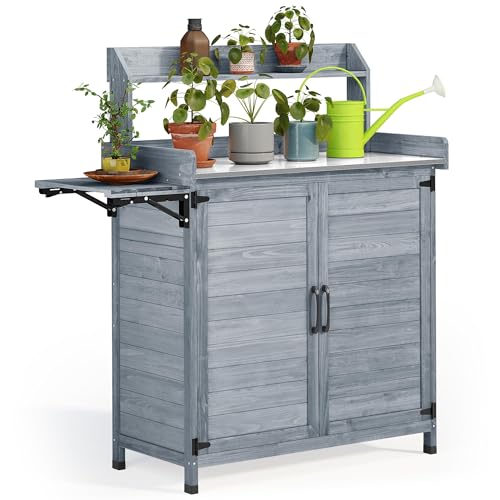 YITAHOME Solid Wood Potting Bench Table with Folding Pallet and Metal Tabletop, Outdoor Storage Cabinet Planting Table Garden Work Bench for Garden, Backyard, Grey