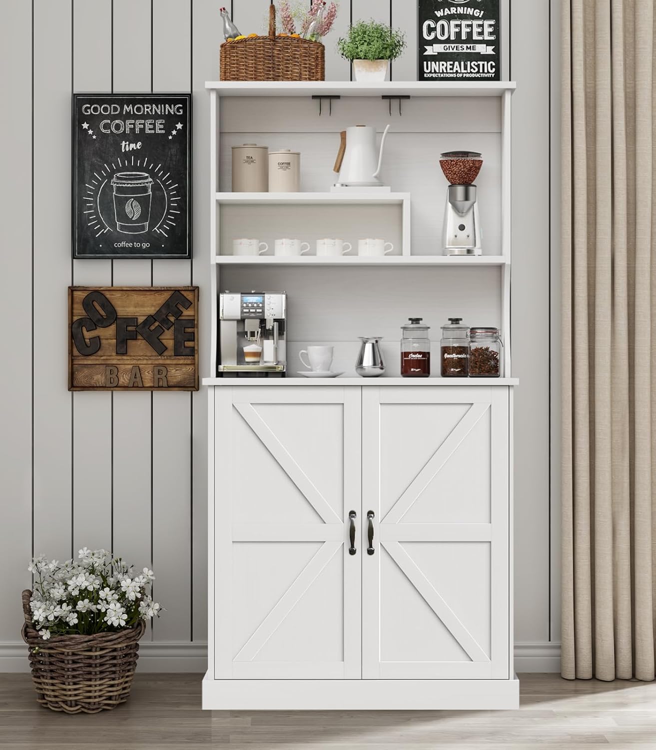 4 EVER WINNER Farmhouse Coffee Bar Cabinet with Hutch & Wine Rack, 73.5” Kitchen Buffet Storage Cabinet with Barn Doors, Adjustable Shelf, Tall Coffee Bar Buffet Cabinet for Dining Room, White