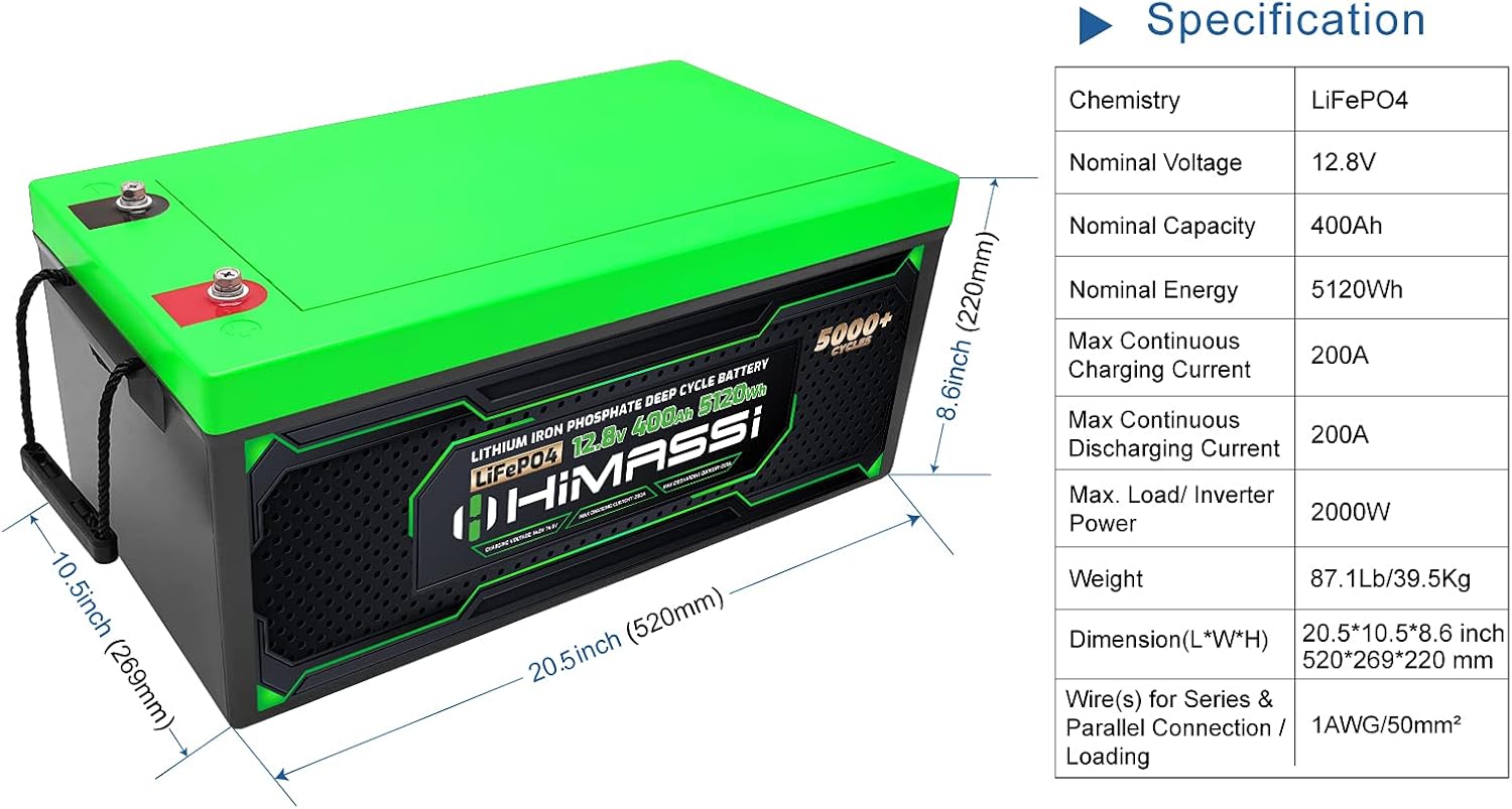 LiFePO4 Battery, 12V 400Ah Lithium Battery, Built-in 250A BMS, Lithium Ion Battery for Trolling Motor, Solar, Marine, RV Car, Camper, Home Storage, Off-Grid System