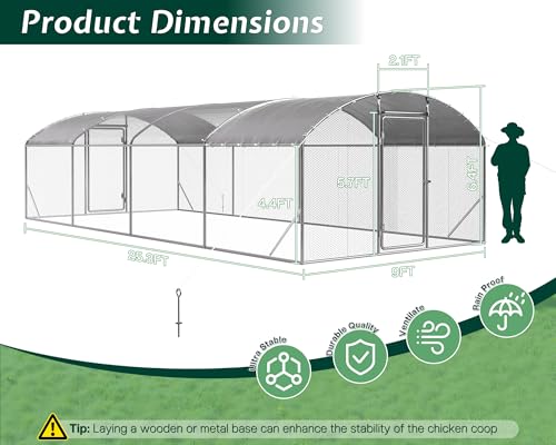 Jocisland 9x25.3x6.4 FT Large Walk-in Chicken Coop with 2 Hinged Doors, Dome Roof, PE Cover & Wire Mesh for Backyard Hen, Rabbit, Duck, Easy to Install Metal Poultry Run