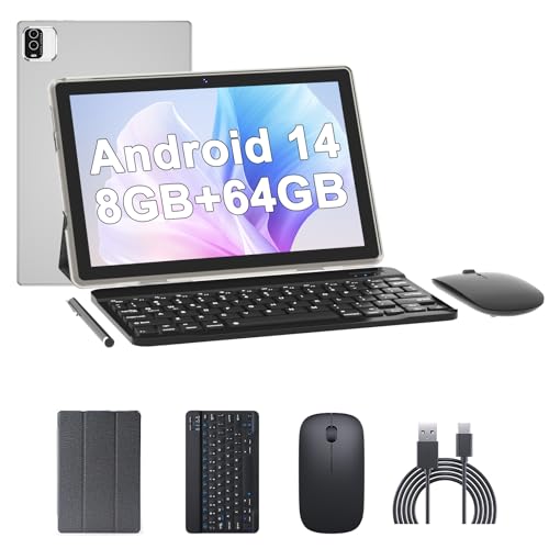 Tablet 10 Inch Android Tablet, 2 in 1 Tablets, Include Keyboard Mouse Case Stylus, 64GB ROM+8GB RAM 1TB expandable 2MP+8MP Dual cameras, 5G WIFI-6 Bluetooth 6000mAh Battery 10.1