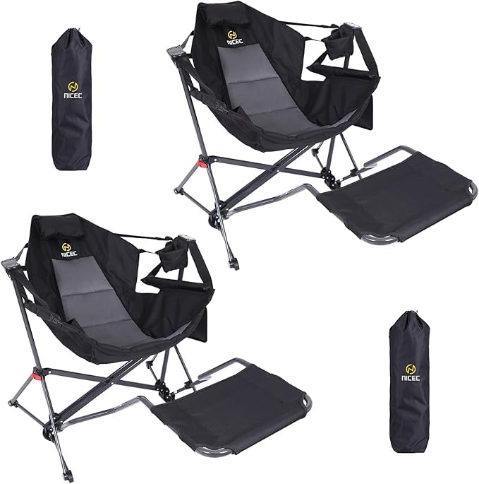 Nice C Hammock Camping Chair, Camping Chair Rocker, Swinging Chair, High Back with Stand, Cup Holder, Side Pocket, Heavy Duty (1, Black w/footrest)