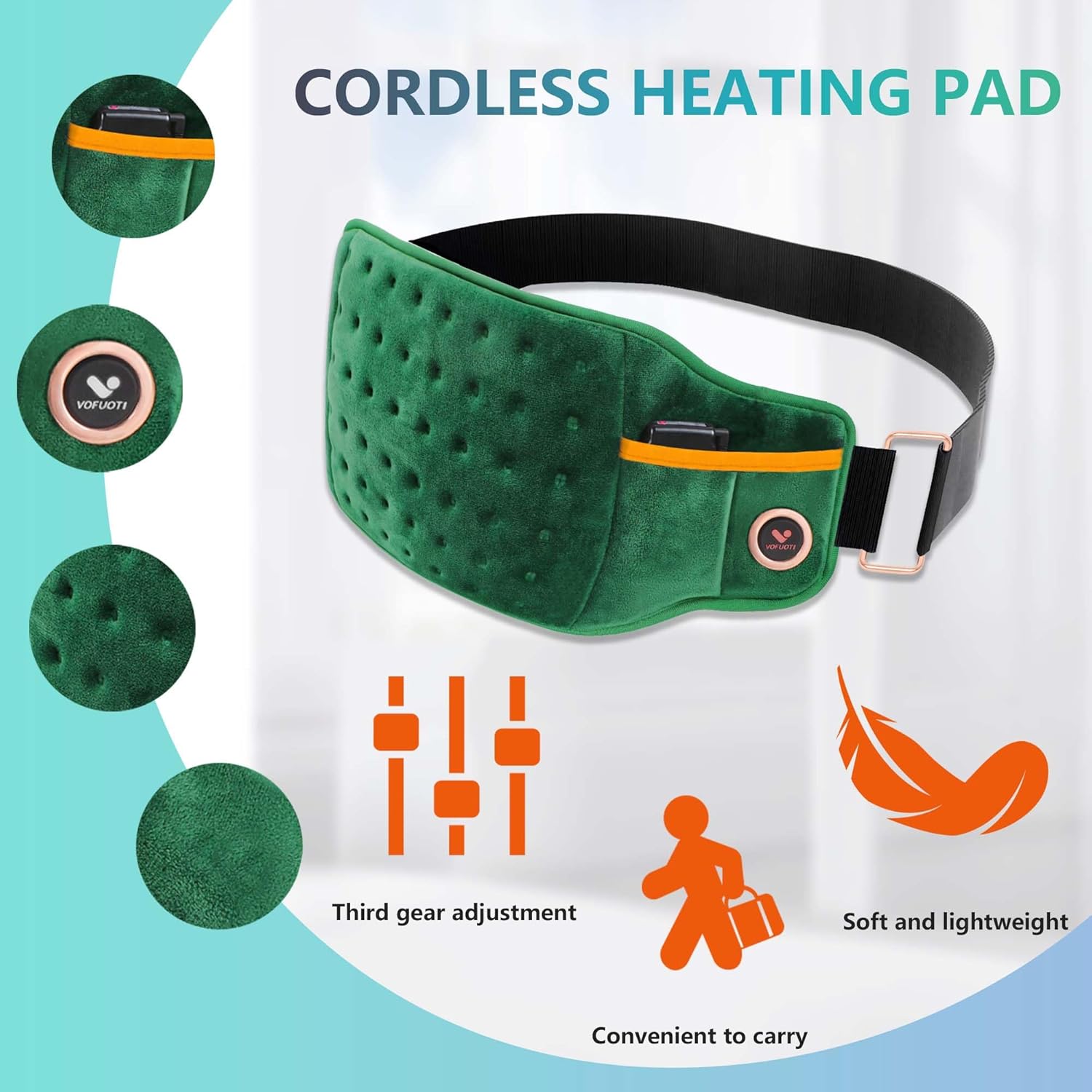 Vofuoti Cordless Heating Pad, Portable Heated Pad with Battery and 3 Heat Settings for Back Pain Relief, Abdomen Cramps