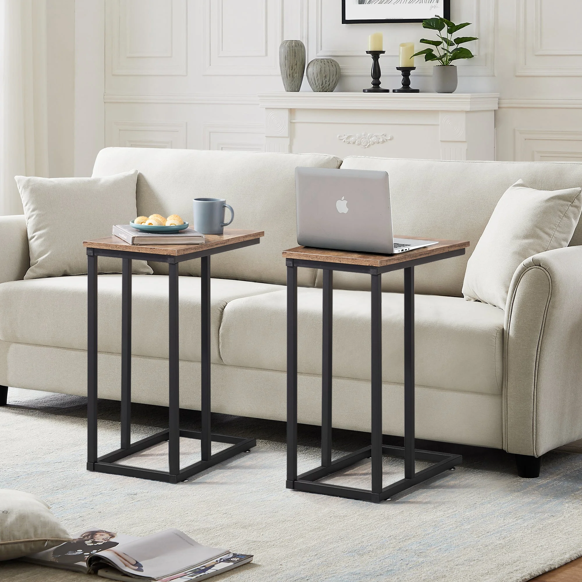 VECELO Set of 2 C-Shape Rectangle Side Table, Modern Sofa End Table with Metal Frame, Narrow Bedside Table for Bedroom, Brown