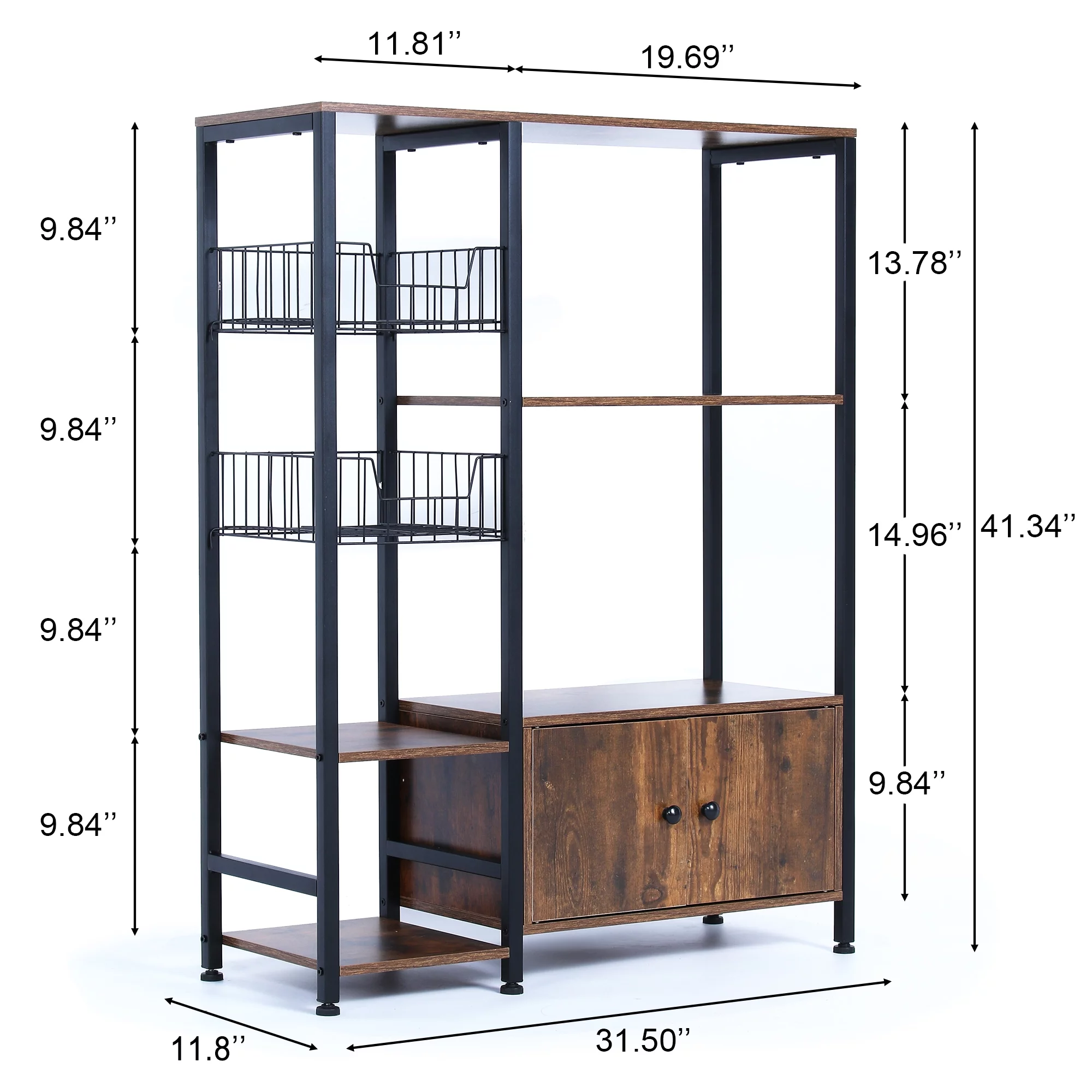 NAIYUFA 5-Tier Kitchen Bakers Rack,Microwave Oven Stand Wood Brown Shelf with Cabinet