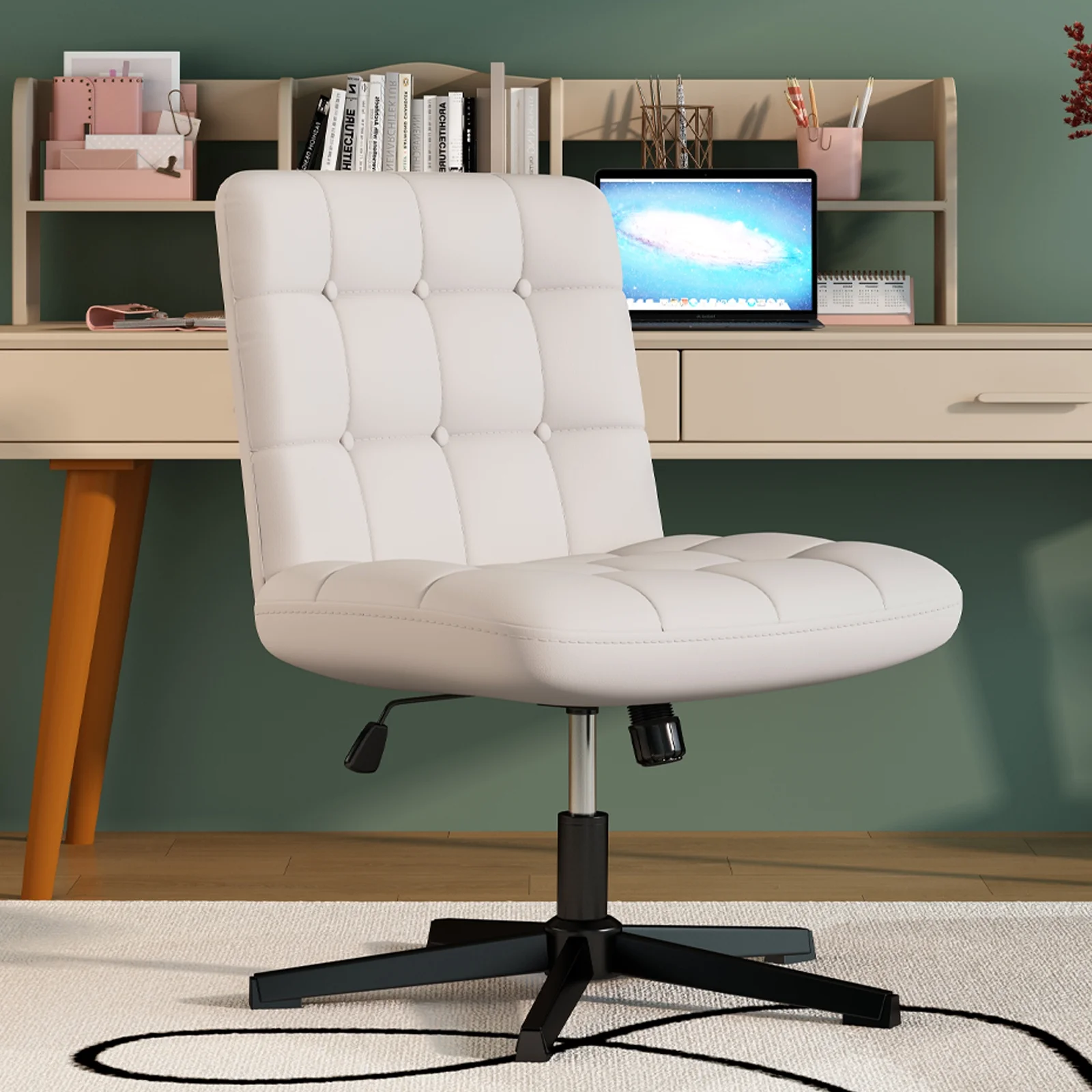 SeekFancy Criss Cross Legged Office Chair, Pu Leather Armless Desk Chair No Wheels, Wide Seat Home Office Task Chair Mid Back Vanity Chair, White
