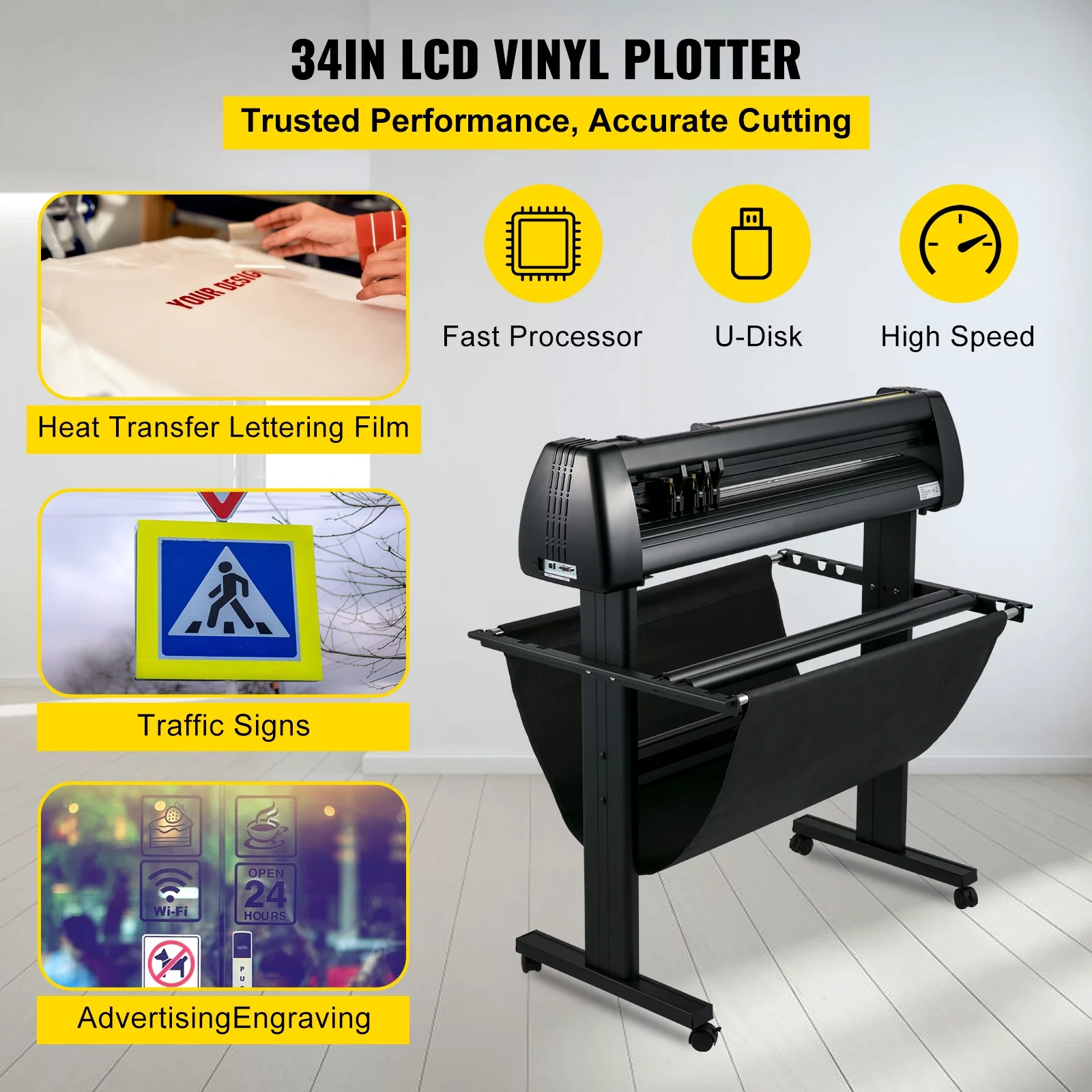 VEVOR Vinyl Cutter, 34 in / 870 mm Vinyl Plotter, Off-line LCD Cutting Machine, Adjustable Force and Speed for Sign Making Plotter, Available with COM USB and U-Disk, Windows System