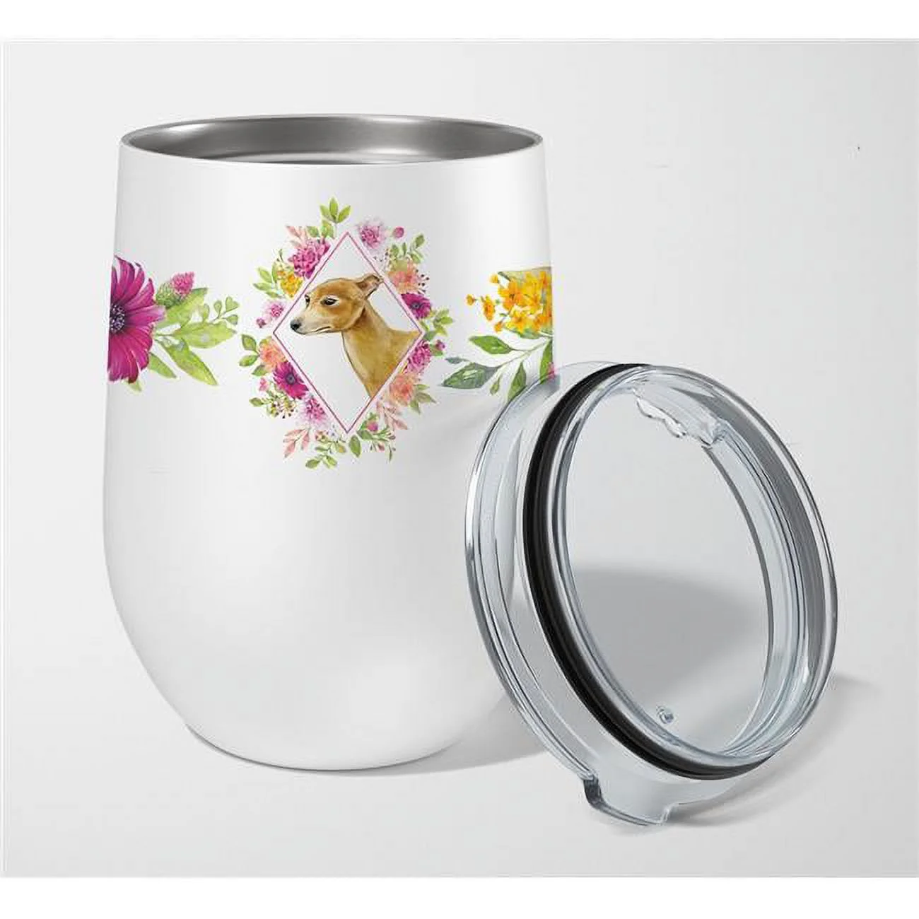 12 oz Italian Greyhound Pink Flowers Stainless Steel Stemless Wine Glass