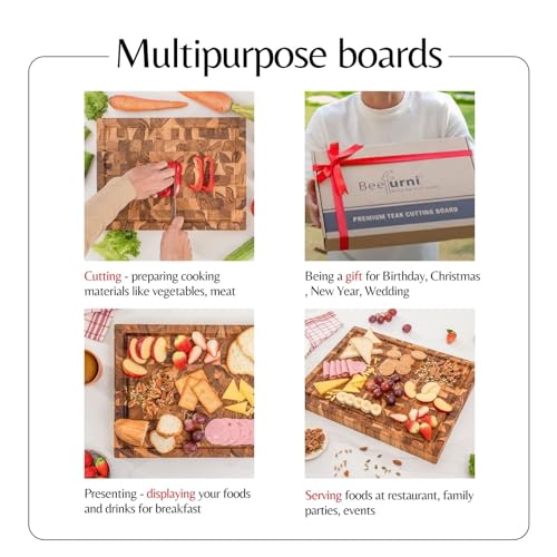 Large End Grain Butcher Block Cutting Board, Thick Teak Wood Cutting Board, Big Reversible Wooden Chopping Serving Board with Juice Groove, 16 x 12 x 1.5 inch