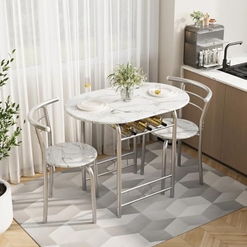 Shahoo 3-Piece Wooden Dining Table Set, Kitchen Breakfast Nook Sets with 2 Chairs & Round Tabletop, Space Saving Furniture Metal Frame and Built-in Wine Rack, Walnut