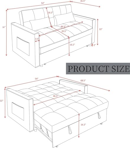 3 in 1 Sleeper Sofa Bed, Futon Sofa Bed for Living Room with Side Pocket, Black Sleepers Sofa Couch with Pullout Bed, Convertible Love Seat Sleepers Bed for Living Room, Bedroom, Small Space