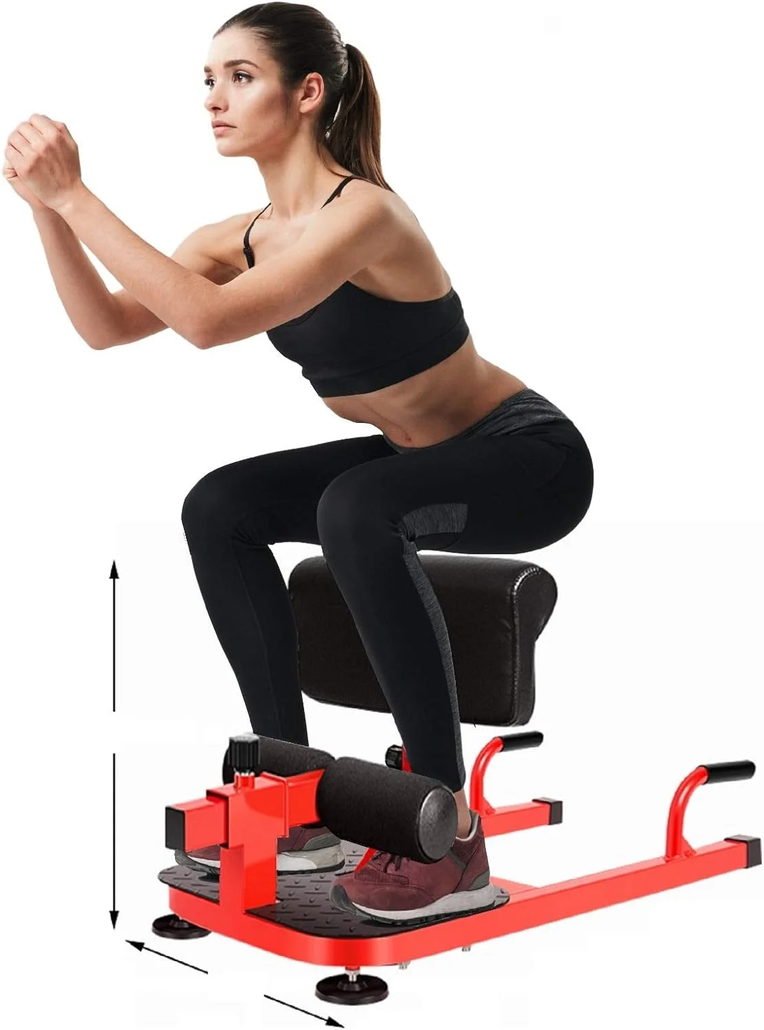 Iron Bar Deluxe Multi-Function Deep Sissy Squat Bench 8-in-1 Home Gym Workout Station Leg Exerciser for Strong Quads/Glutes + 2 Handles, Ab Core Workout Training Push Up Sit Up Exercise Machine Red