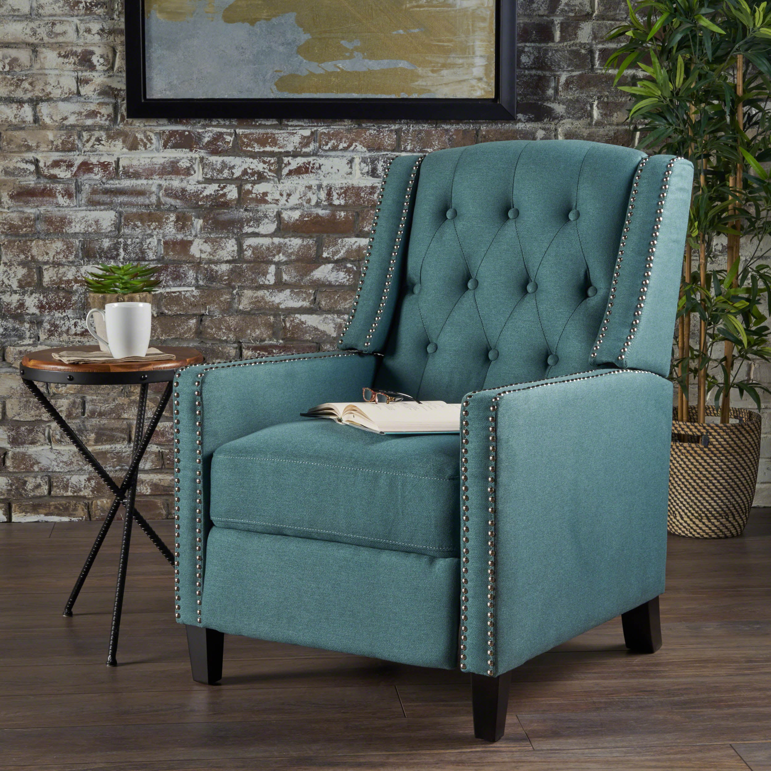 GDF Studio Sinclair Contemporary Fabric Tufted Pushback Recliner with Nailhead Trim, Dark Teal and Dark Brown