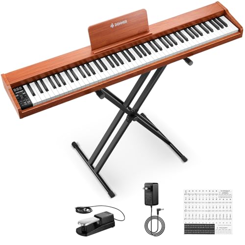 Donner DEP-1S Piano Keyboard 88 Keys, Beginner Digital Piano with 88 Key Velocity-Sensitive Keyboard, Record, Bluetooth, Chord, Bundle With Piano Stand, Piano Stickers, Sustain Pedal, Retro Wood Color