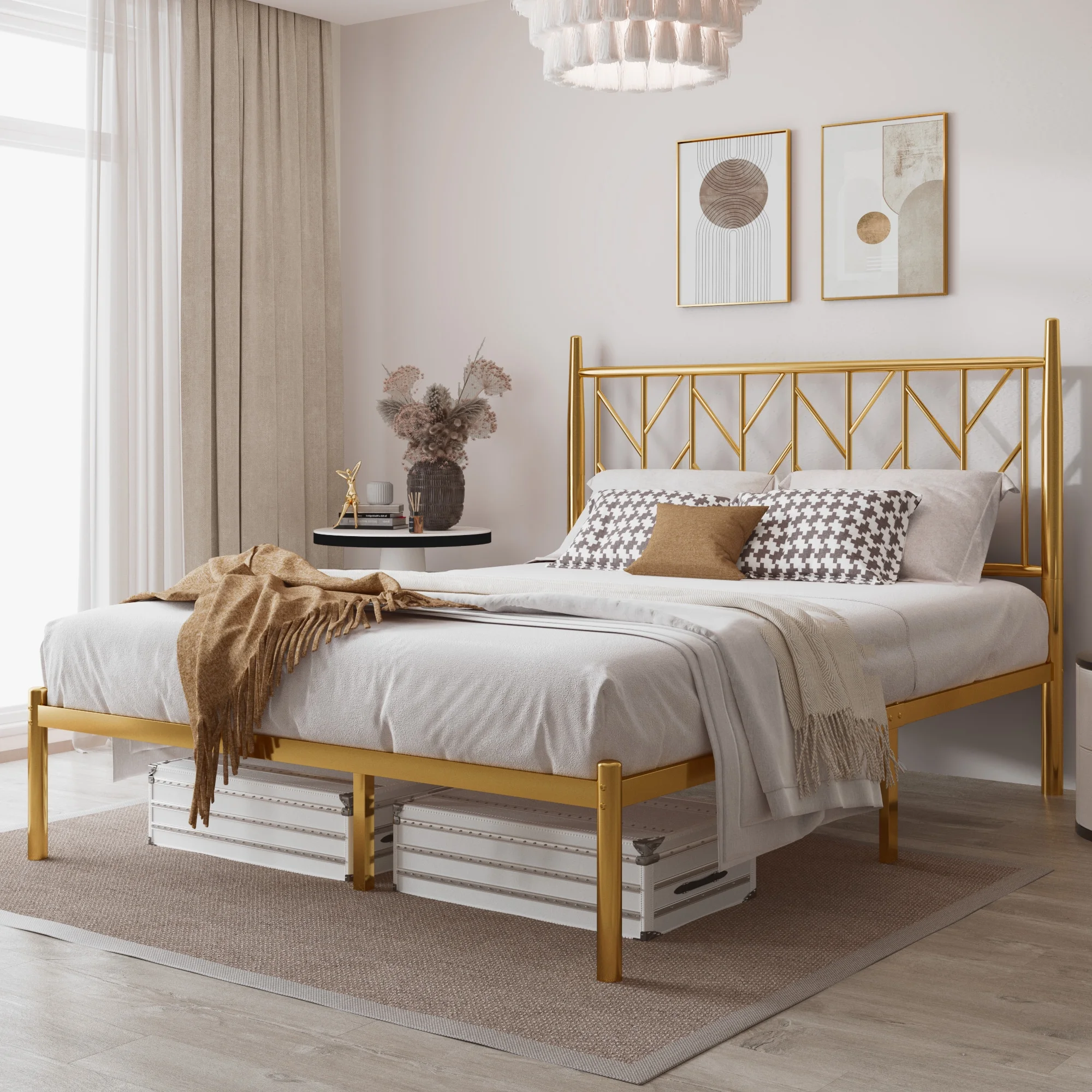 Allewie Gold Full Size Modern Platform Bed Frame with Vintage Headboard and 12'' Under-bed storage