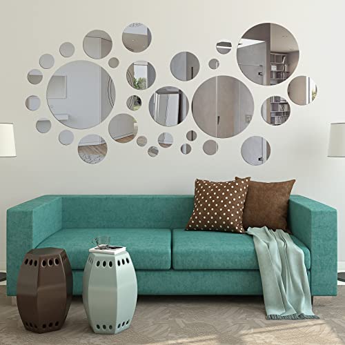 64 Pcs Mirror Wall Stickers Adhesive Removable Acrylic Mirror Setting Frameless Circle Mirrors for Wall Decor Round Sticky Mirrors for Wall Bedroom Bathroom Living Room Decals (Large)