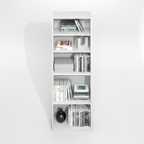 Furinno Gehry 5-Tier Bookcase, Bookshelf with Adjustable Shelves, White