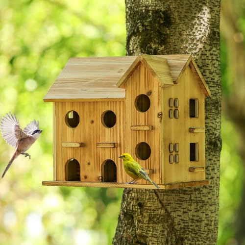 Large Birdhouse for Outside 10 Hole Hanging Birdhouse Kit for Kids DIY Birdhouse with Room for 10 Bird Families Garden/Courtyard/Backyard Decor Handmade Bird House for Finch,Bluebird (brown, set of 1)