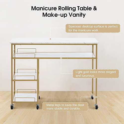 BarberPub Multifunctional Nail Table with Rolling Wheels, Spa Beauty Manicure Desk, Modern Simple Makeup Station 2401 (White)