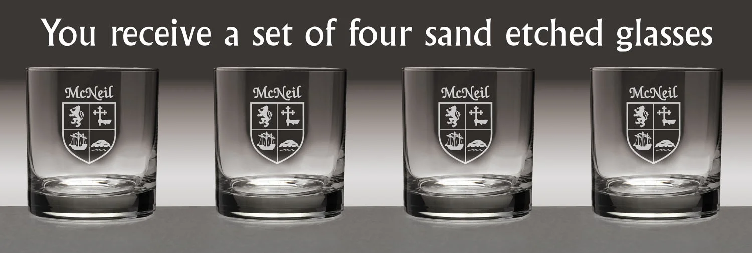 McNeil Irish Coat of Arms Tumbler Glasses - Set of 4 (Sand Etched)