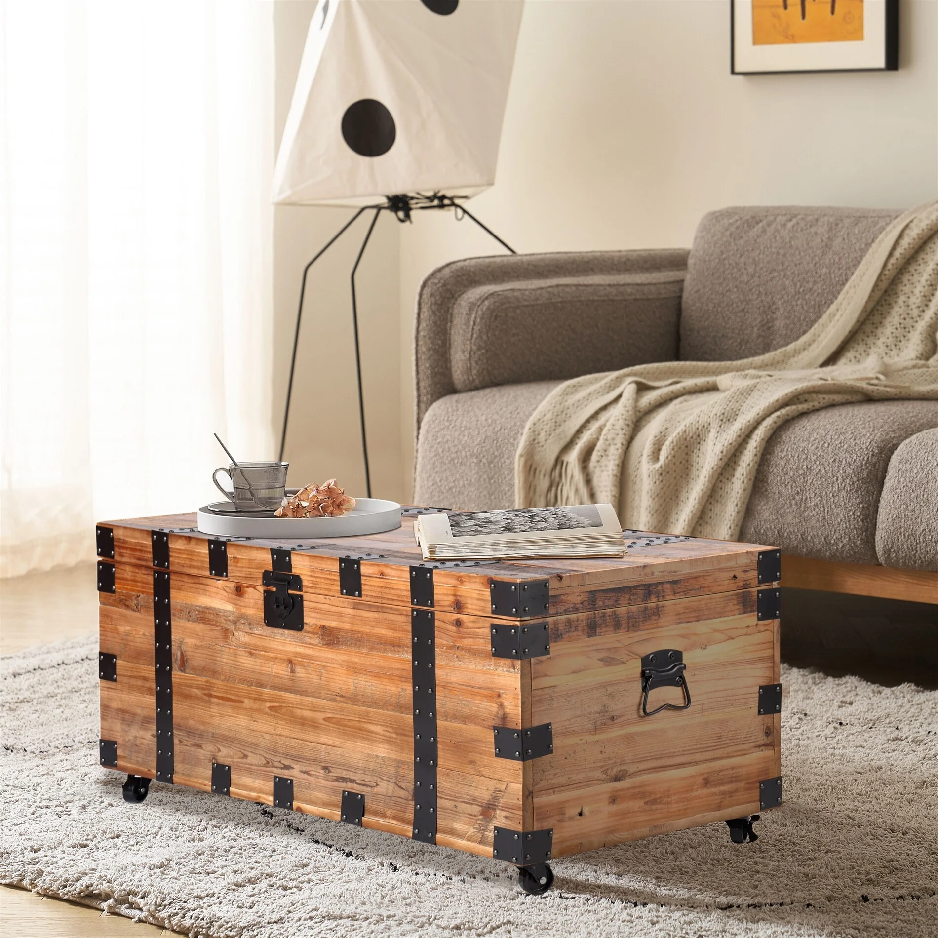 BESTCOSTY Trunk Table with Four Wheel Large Capacity Storage Coffee Table