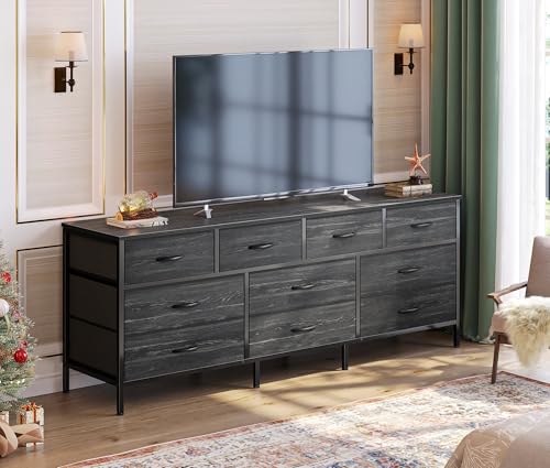 Huuger 63 Inch Dresser for Bedroom, Long Dresser with 10 Fabric Drawers, TV Stand for 55, 65, 70 Inch TV, Toy Storage Organizer for Closet, Rustic Brown