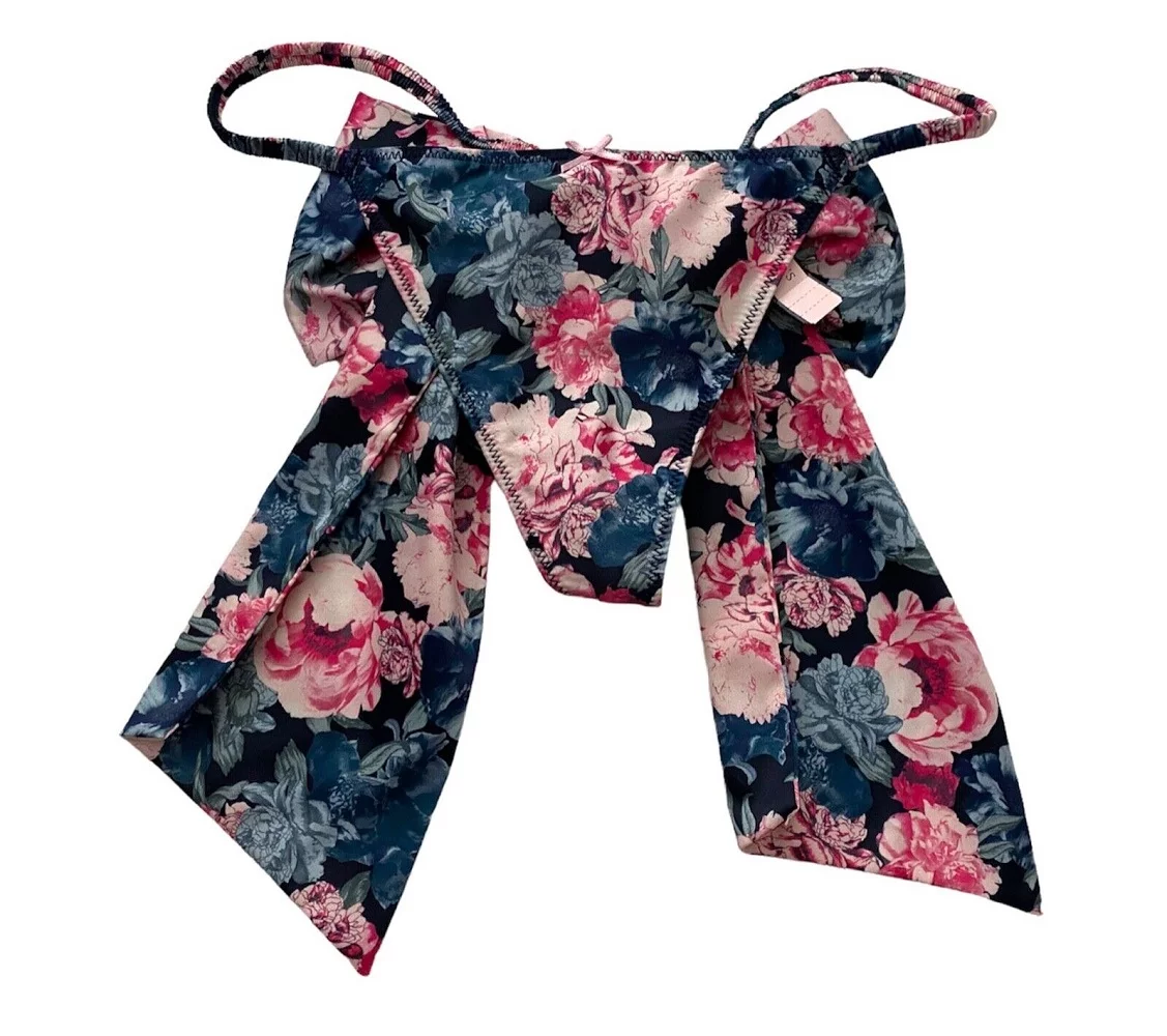 Victoria's Secret Dream Angels Satin Bow Back Floral V String Panty Size Medium NWT