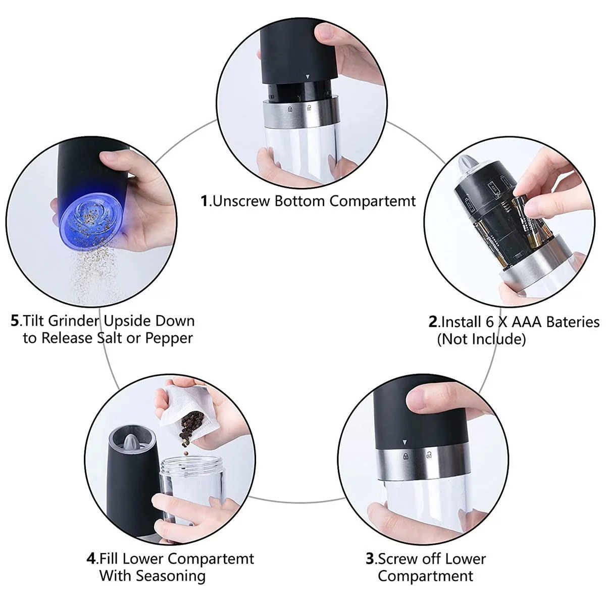 Deago 2 Pack Electric Gravity Salt and Pepper Grinder Set with Adjustable Coarseness Automatic Pepper and Salt Mill Grinder Battery Powered with LED Light