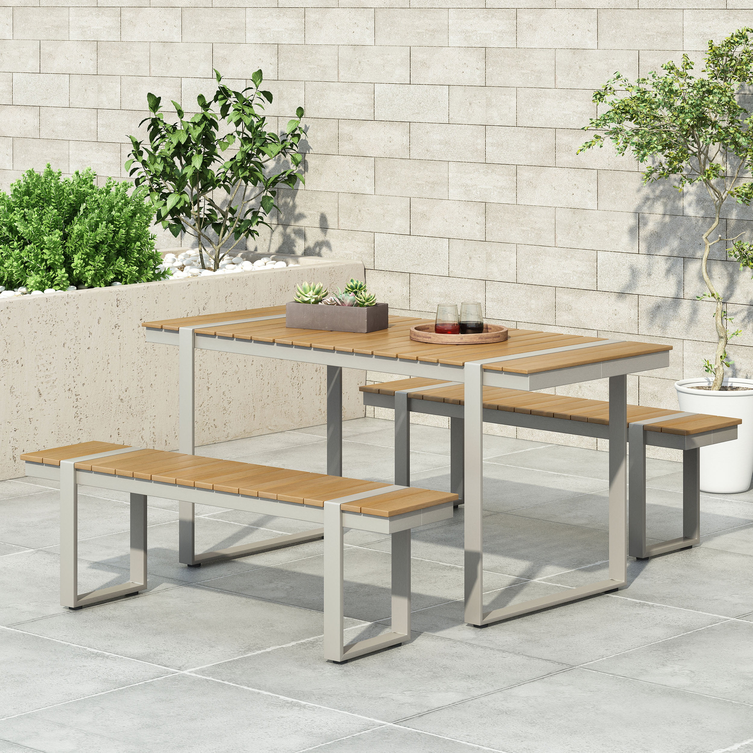 GDF Studio Mora Outdoor 3 Piece Aluminum Picnic Set, Brown and Silver