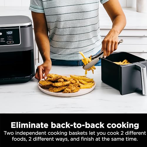 Ninja Foodi 10QT 6-in-1 DualZone Smart XL Air Fryer, 2 Independent 5QT Baskets, Smart Cook Thermometer, Match Cook, Smart Finish, Air Fry, Roast, Bake, Dehydrate, Reheat, Grey, DZ550