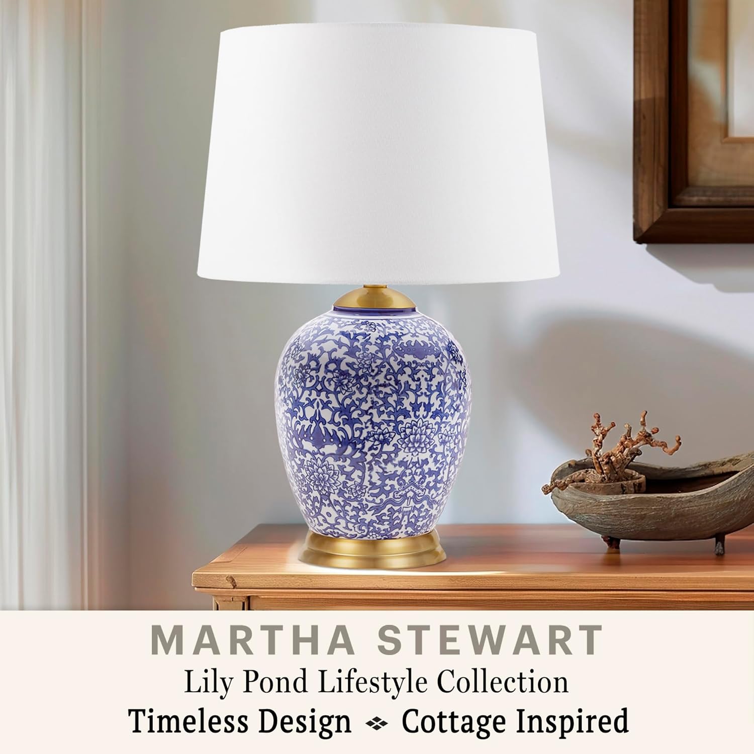 MARTHA STEWART Mystique Table Lamp - Ceramic Urn Nightstand Bedside Lamp, Lily Pond Collection, Chinoiserie-Inspired Pattern, Clear Polarized Cord, in-line Swtich, Tapered Drum Shade, 22.5