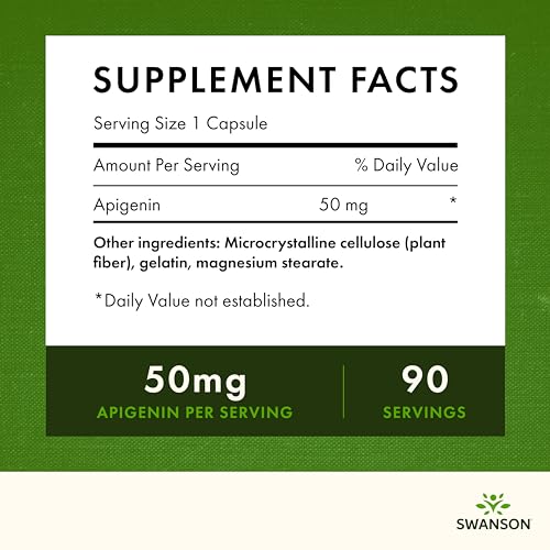 Swanson Apigenin Supplement, 50mg capsules (90 count), Helps Promote Sleep, Stress Relief & Overall Men's Health (Packaging May Vary)