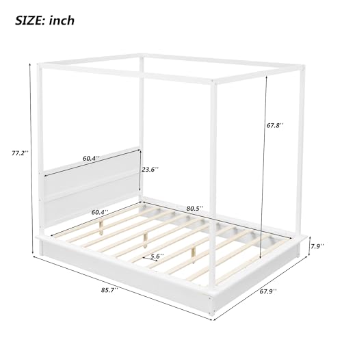 Bellemave Canopy Bed Frame Wood Four Posters Twin/Full/Queen/King LED Platform Bed with Built-in Headboard Strong Wooden Slat Support, No Box Spring Needed,White (Full)