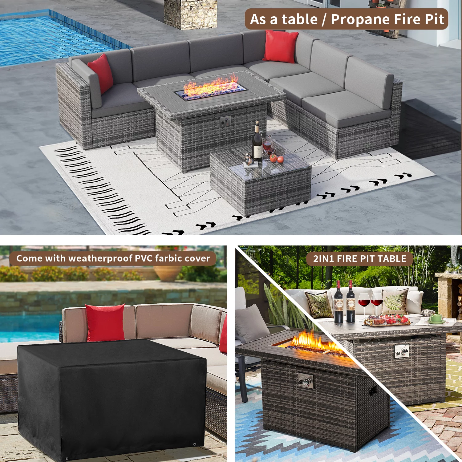 Sunmthink 8 Pcs Patio Furniture Sets with 50000 BTU FirePit Table, Grey