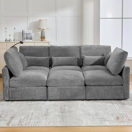 6 Seater Reversible Modular Sectional Sofa Convertible Sleeper Couch Bed , Free Combination Chenille Upholstered Corner Sofa Couches with USB Ports and Detachable Cushions for Living Room Office