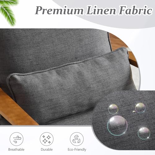 VINGLI Solid Wood Wide Armrests Accent Chair,Upholstered Mid Century Modern Chair with Pillow,Comfy Reading Chair Farmhouse Arm Chair,Chairs Living Room,Bedroom,Guest Room,Linen Fabric,Beige