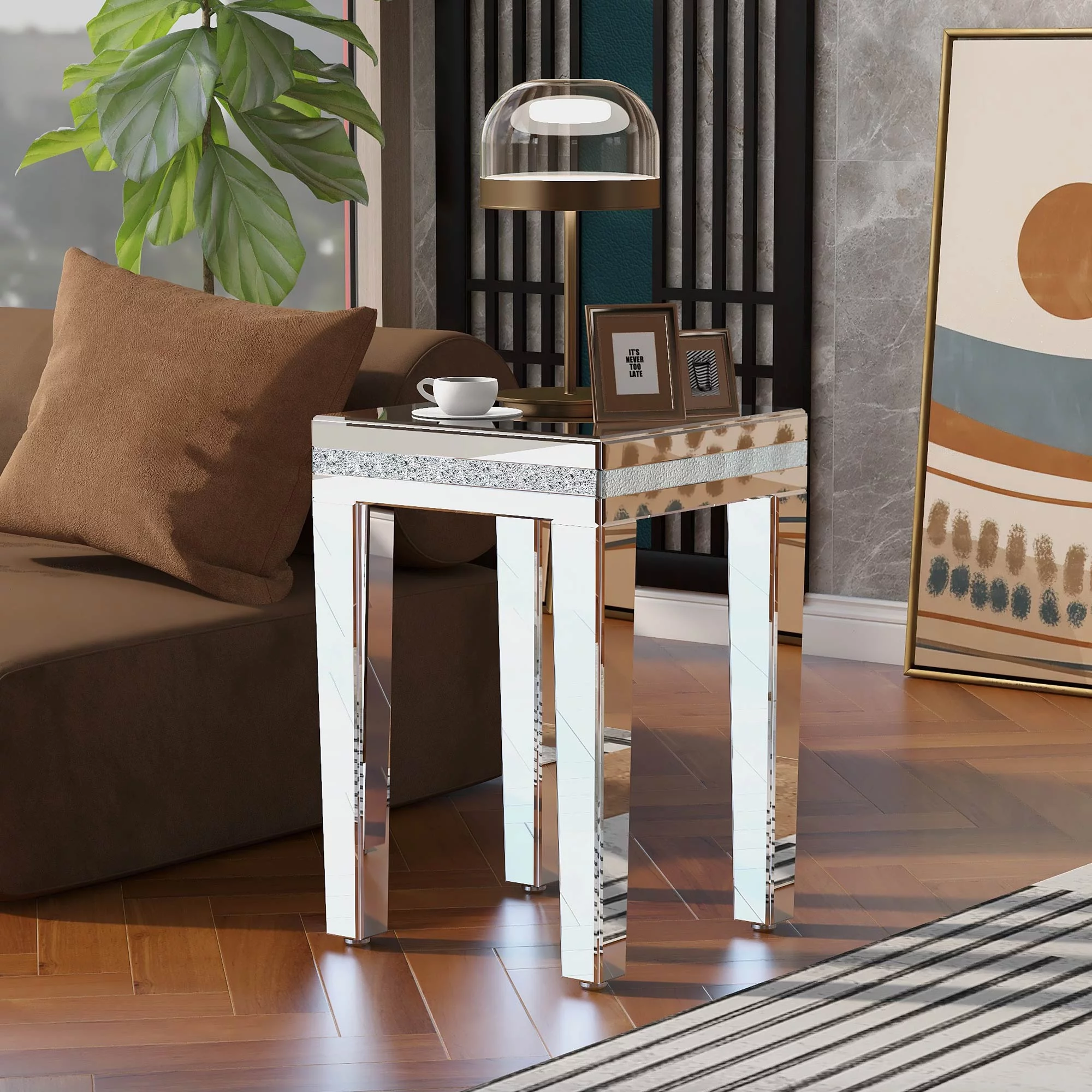 CoSoTower Fashionable Modern Glass Mirrored Side Table, Easy Assembly End Table with Crystal Design and Adjustable Height Legs, Silver