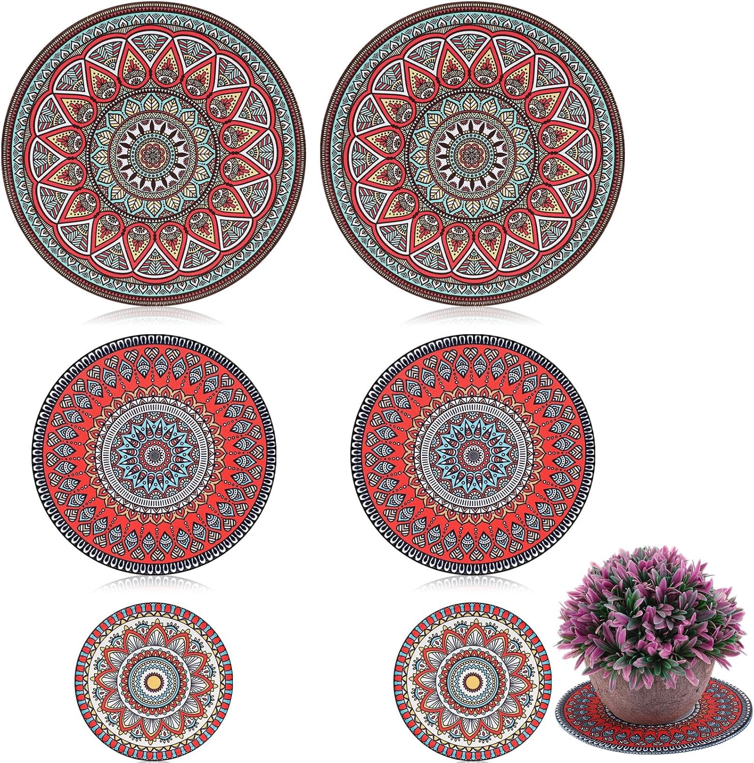 Nuanchu 6 Pcs Boho Plant Pot Mat 3 Sizes Absorbent Non Slip Pots Pad Round Plant Coaster Mat Gardening Indoor Outdoor Flower Plant Protect Mat for Table Desk Floor Plant