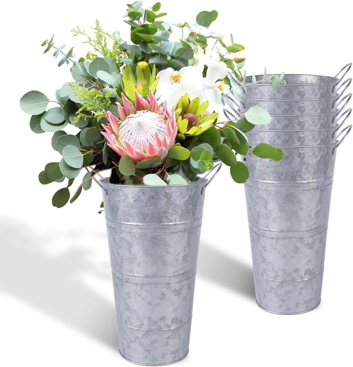 12 Inch Galvanized Metal Vases with Handles - 6 Pcs Farmhouse Decorative Metal Container for Flowers, Rustic Metal Bucket Planters for Wedding Decor (Silver)
