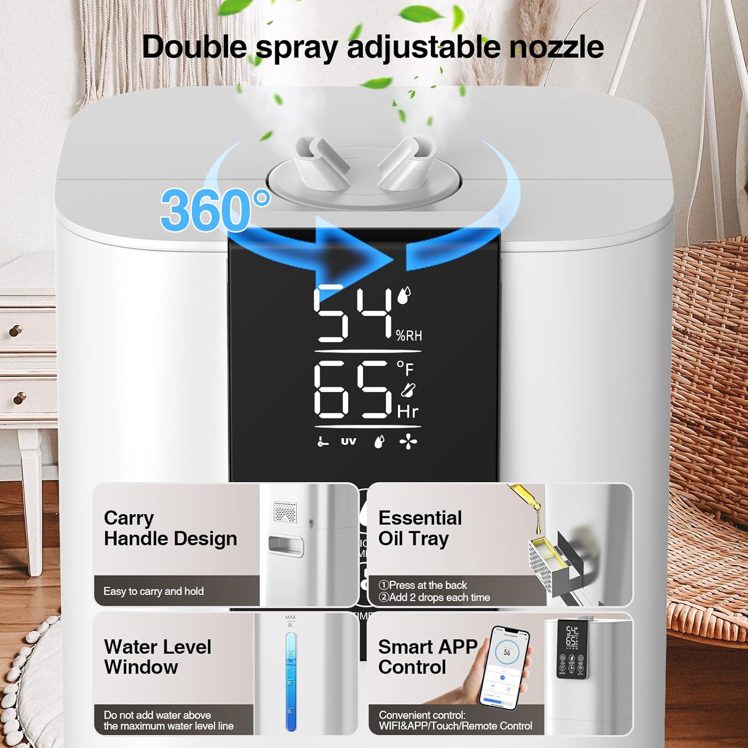 Smart Humidifiers Large Room Bedroom Home, 8L Top Fill Cold Mist Humidifiers with 3 Adjustable Mist Levels, Smart App & Remote Control, 48H Runtime, Nightlight, 12H Timer, Humidity Setting