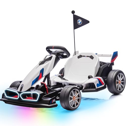 Electric Go Kart with Adjustable Seat, 24V Licensed BMW Drift Kart with Dual 200W Motors, Crazy Go Cart for Kids Ages 6-12, LED Lights, Drift Mode and 2 Speed (White, 24V)