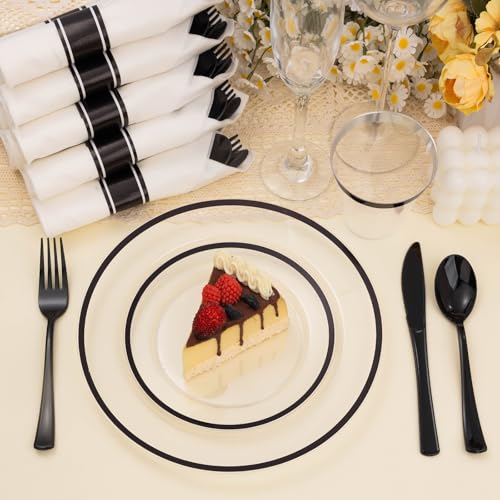 350PCS Clear and Black Disposable Plates Set for 50 Guests, 100 Plastic Plates, 50 Plastic Cups, 50 Pre-Rolled Napkins with Cutlery for Party, Thanksgiving, Birthday, Halloween