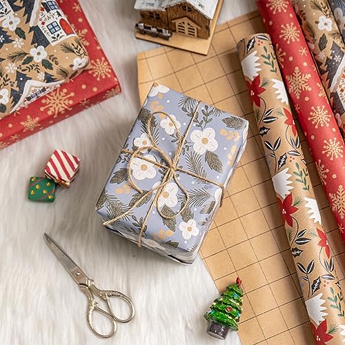 RUSPEPA Christmas Kraft Wrapping Paper - Owl, Reindeer, Christmas Ball and Text Design - 4 Rolls - 30 inches x 10 feet per Roll