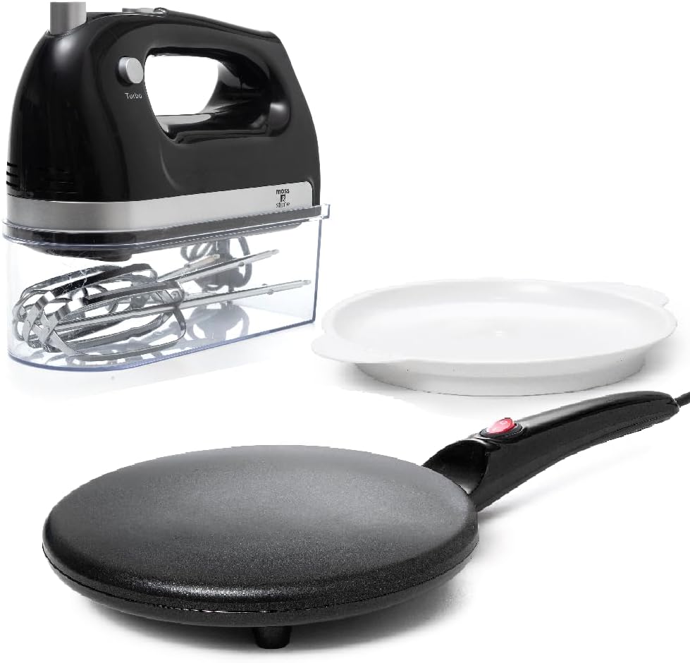 Moss & Stone Electric Crepe Maker With Auto Power Off, Portable Crepe Maker & Non-Stick Dipping Plate, On/Off Switch, Nonstick Coating & Automatic Temperature Control, Bundle With Black Hand Mixer Wit