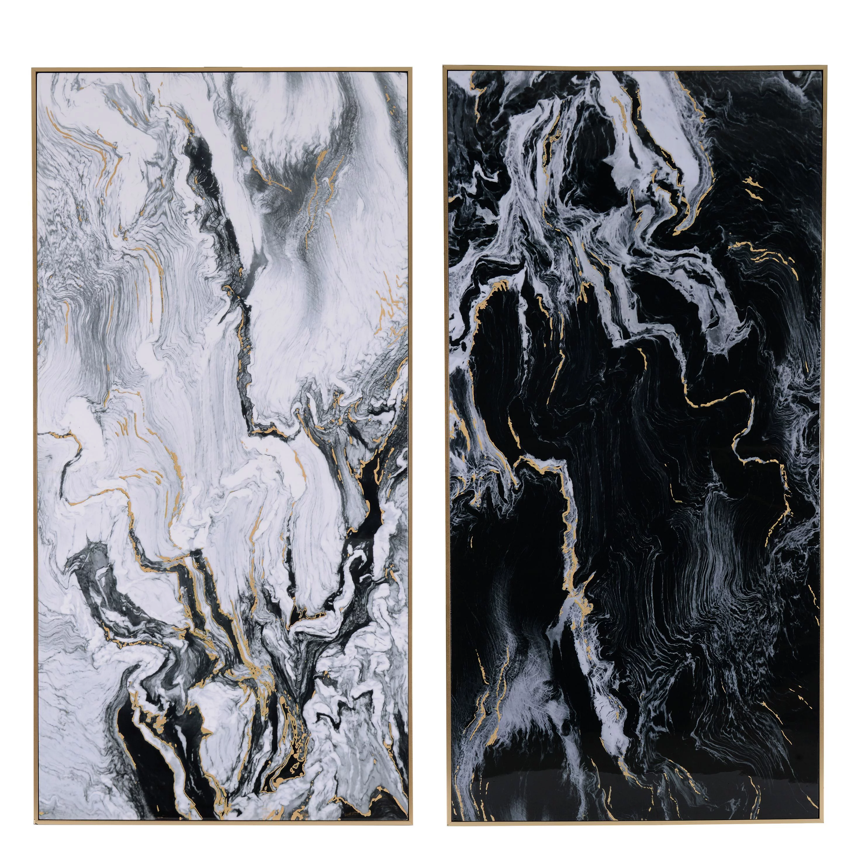 CC Home Furnishings Set of 2 Black and White Contemporary Marbled Print Wall Art with Gold Frame